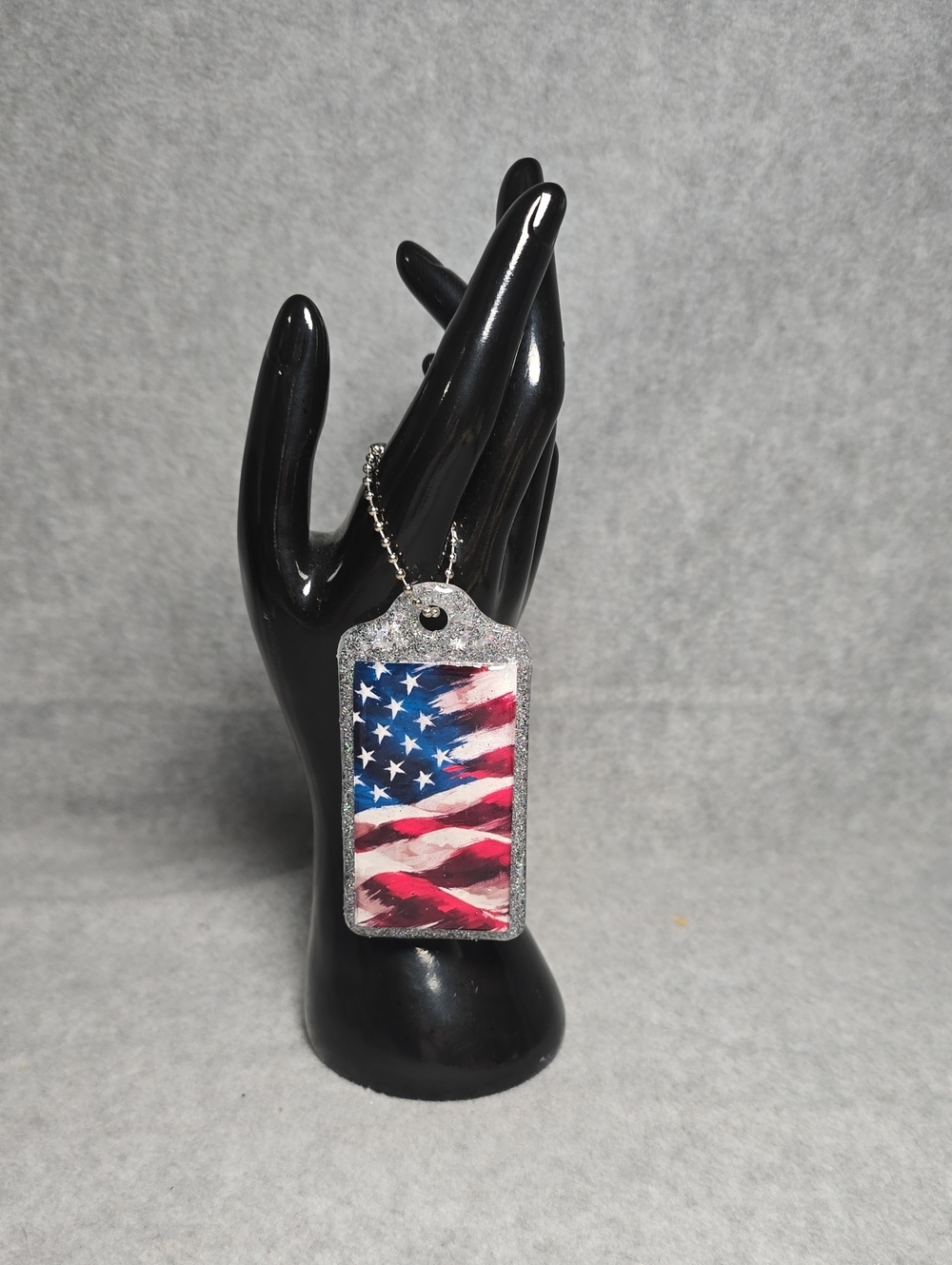 Patriotic Hand Crafted Resin Flag Dog Tag Key Holder/Bag Charm - Silver Trim